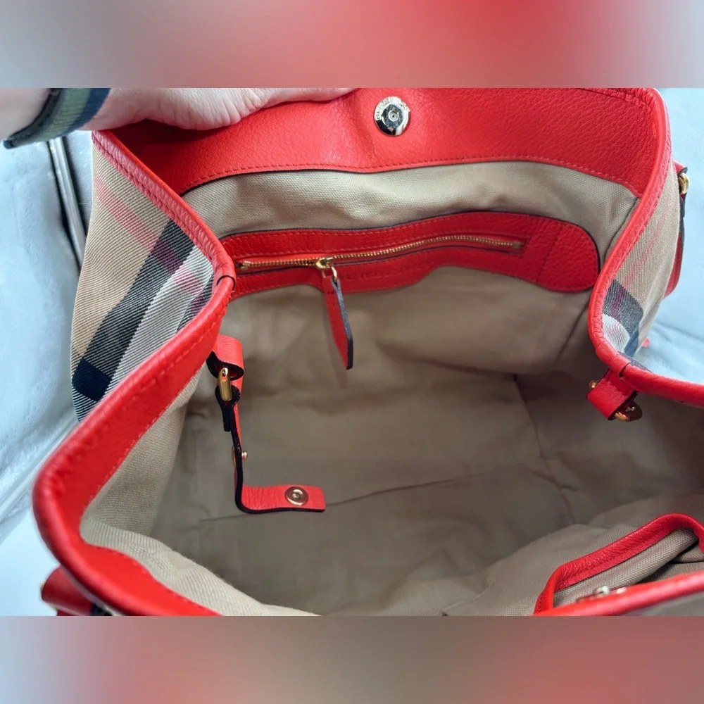 Auth Burberry House Check Canterbury canvas leather orange bag tote purse - Picture 12 of 16